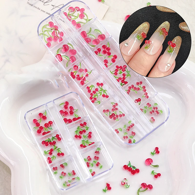 

6/12 Grid 3D Cherry Resin Nail Charms Luxury Red Cherry Fruits Crystal Rhinestone DIY Gems Diamonds For DIY Nail Art Decoration