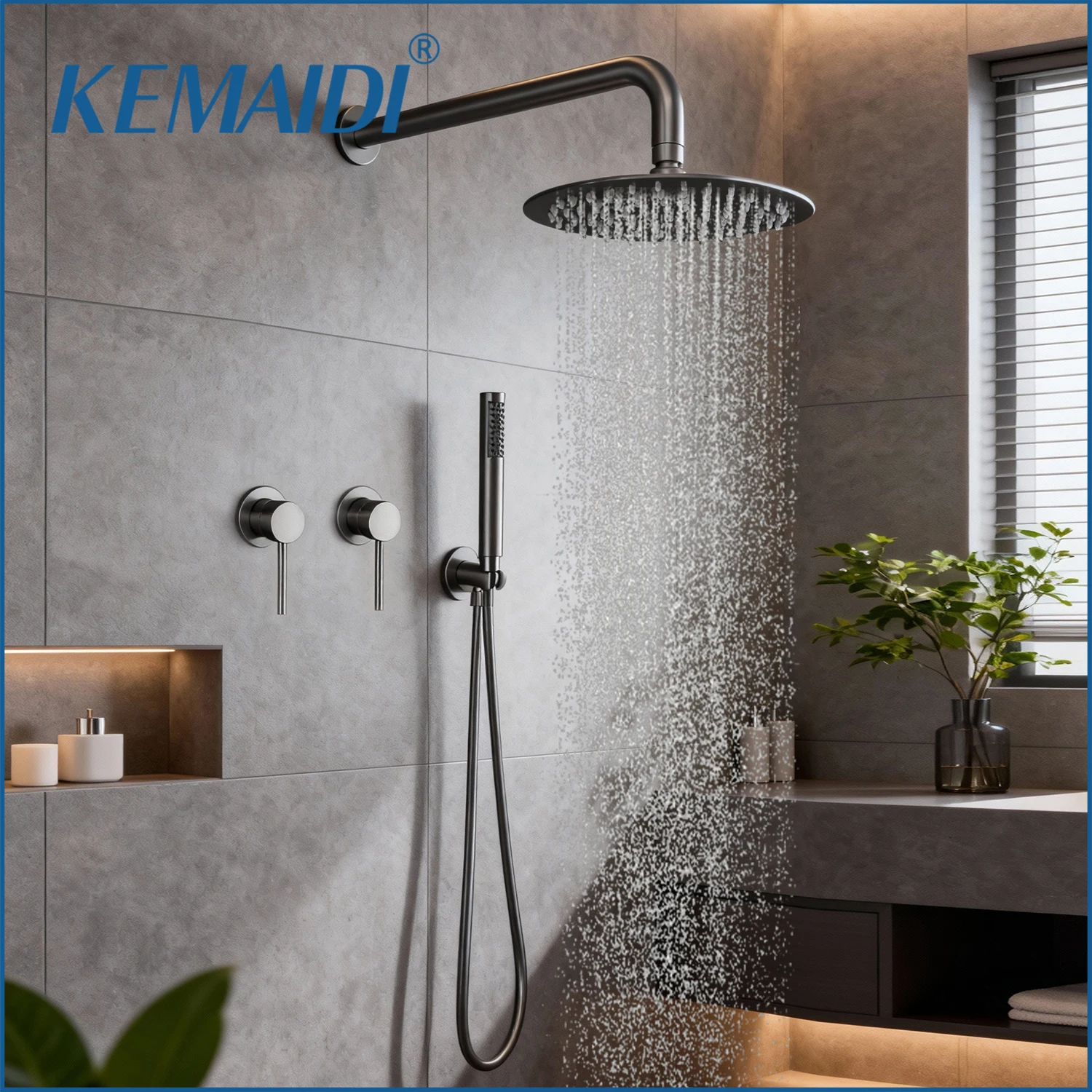 

KEMAIDI Gray Double Handle Shower Faucet Set, Rainfall Shower Head with Handheld Sprayer, Wall-Mounted Bathroom Shower System