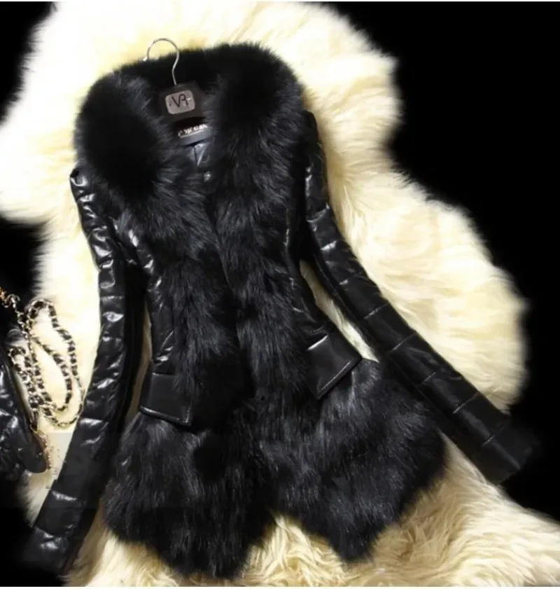 Winter New Black Slim Imitation Fox Fur Collar Jacket Long Sleeves Medium and Long Fashion Street Splicing Coat Women Clothing