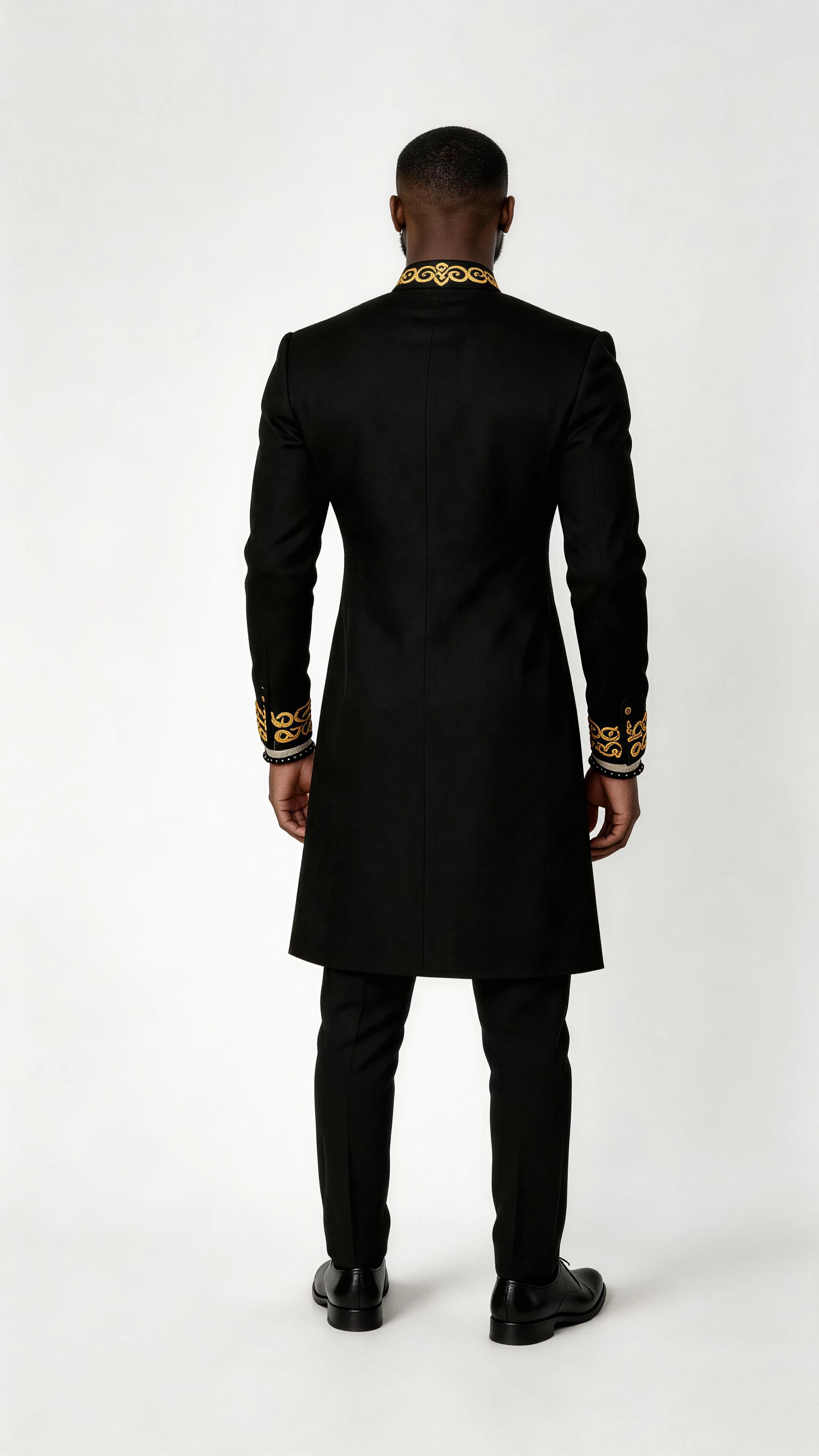 Men African Traditional 2‑Piece Suit Black Gold Embroidery Stand Collar Asymmetric Long Coat Pants Set Luxury Wedding Party Form