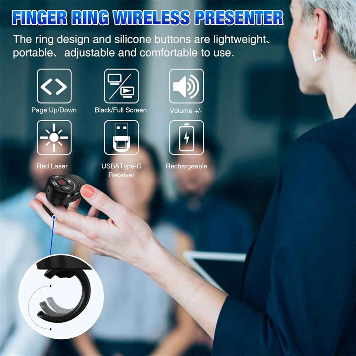 USB Type C Wireless Presentation Clicker แบบชาร์จไฟได้, Finger Ring Presentations Powerpoint Clicker พร้อมตัวชี้แสง