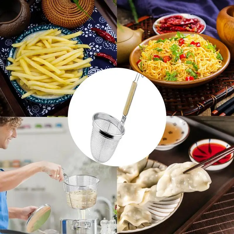 Food Strainer For Noodles Stainless Steel Food Dumpling Strainer Basket Kitchen Food Basket Mesh With Wood Handle For Dorm