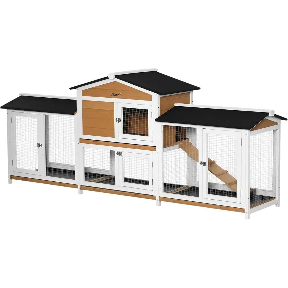 

Деревянный вольер для кроликов с двумя боковыми отсеками, герметичным поддоном для мелких животных - белый