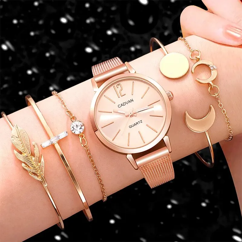 Rose Gold Quartz Watch With Bracelet For Women Casual Fashion Round Simple Watch Dainty Wheat Bracelets Set Montre Femme