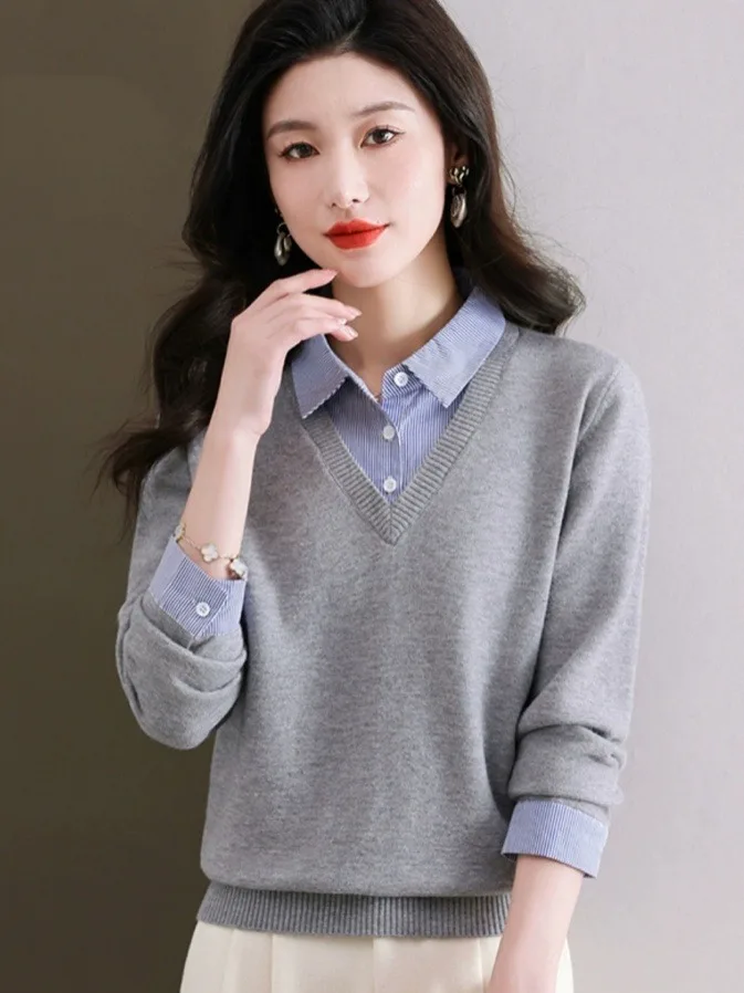 

Ele Knitted Woolen irt Collar Base Layer Top for Women High End European Sle Faionable Outerwear Soft Camere Blend