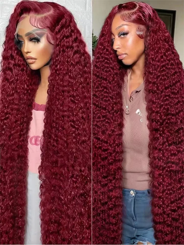 99J Burgundy  Lace Frontal Wig 200% Water Wave Curly 13x4 Red Remy Human Hair Preplucked Brazilian Colored Hair Wigs For Women