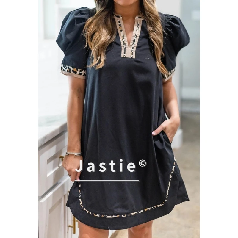 

Женское черное мини-платье с пышными рукавами в стиле ретро с леопардовым принтом и v-образным вырезом, повседневное платье Shift на весну/лето, женское платье Vestidos