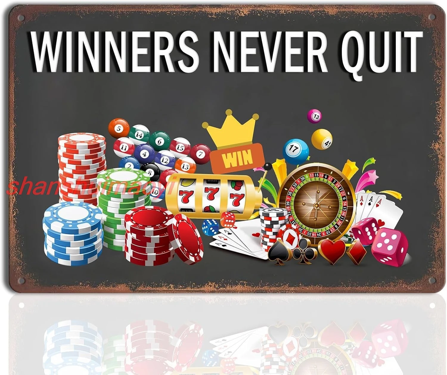 Gambling Sign Winners Never Quit Metal Sign - Motivational Tin Sign, Cool Room Decor for Guys, College Dorm, Game Room, Ba SHUI