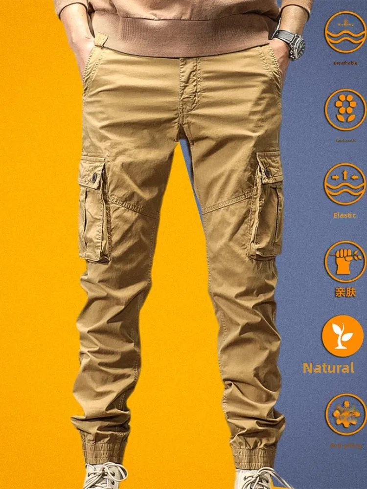 

Облегающие повседневные брюки из чистого хлопка для мужчин, осенне-зимняя рабочая одежда цвета хаки, брюки с эластичной резинкой на талии, молодежные, износостойкие