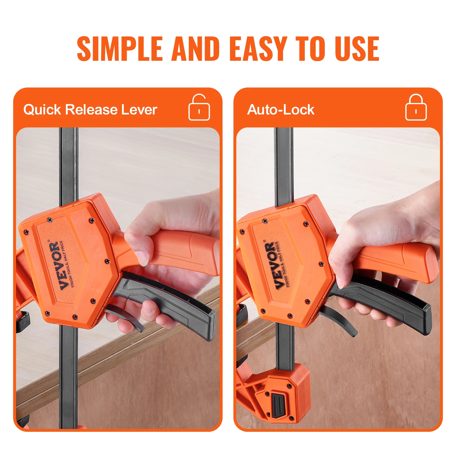 VEVOR Bar Clamps for Woodworking 2-Pack One-Handed Clamp/Spreader Plastic Carbon Steel Wood clamps for Woodworking Metalworking