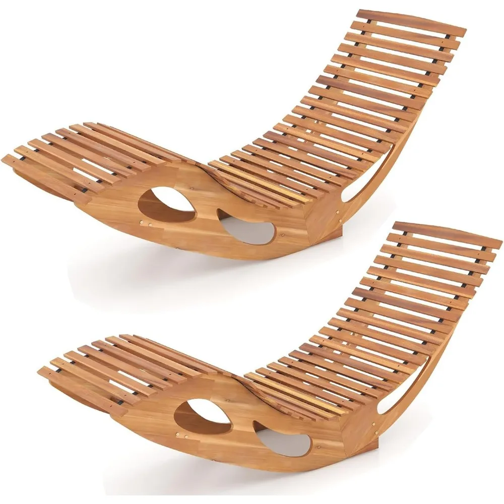 

Outdoor Acacia Wood Chaise Lounge Set of 2, Rocking Chair with High Back, Slatted Seat, Stopper, Outside Wood Rocker,