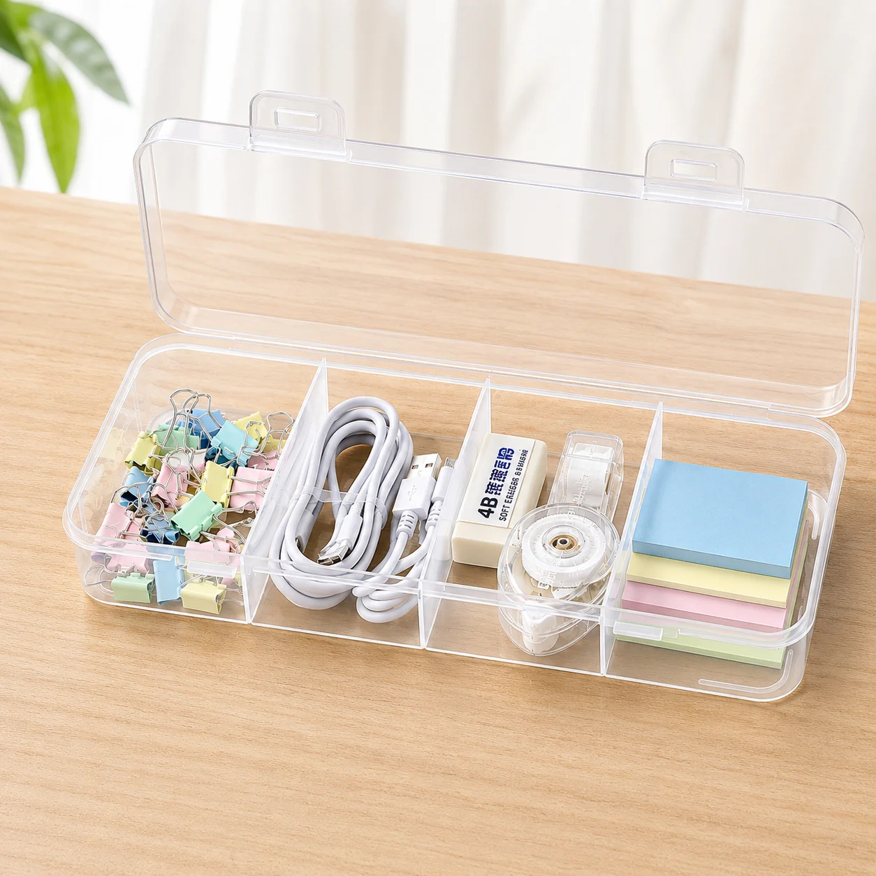4-Compartment Card Storage Box with Lid, Plastic Playing Card& Business Card Organizer, Desktop Storage Case for Home and Office