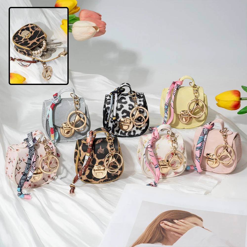 Women Mini Saddle Faux Leather Keychain Pouch, Turn Lock Coin Earbud Bag with Silk Scarf, Portable Handbag Charm Gift for Ladies