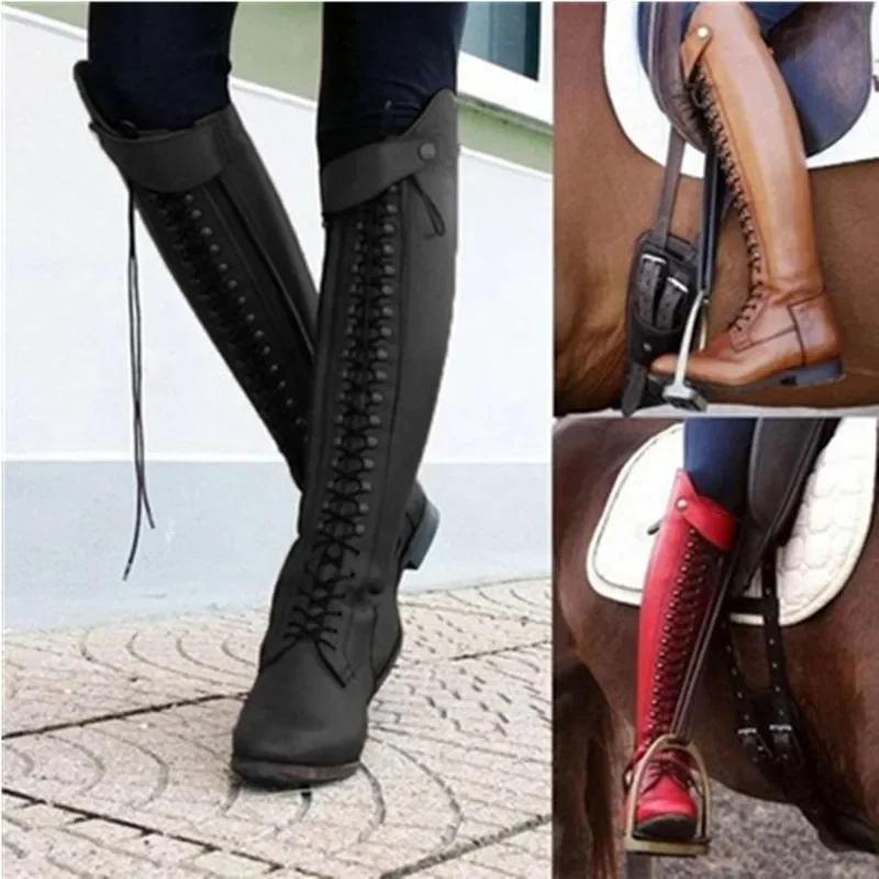 Women Retro Knee High Boots Lace-Up High Quality PU Platform Riding Boots Female Zip Low Square Heel Plus Size Footwears Ladies