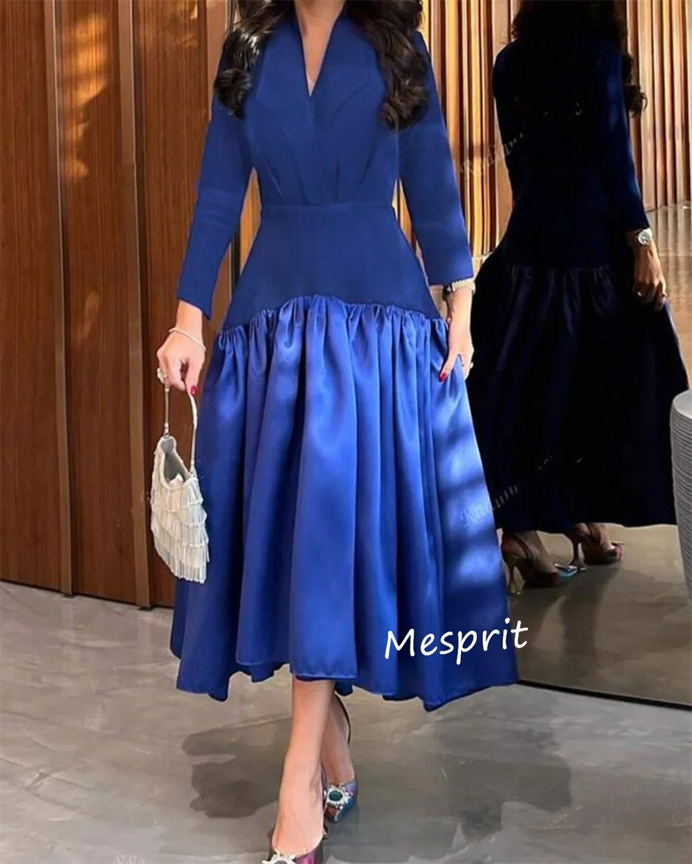 Customized High Quality Jersey Pleat A-line V-neck Midi Dresses Bespoke Occasion Cocktail Elegant Modern Style