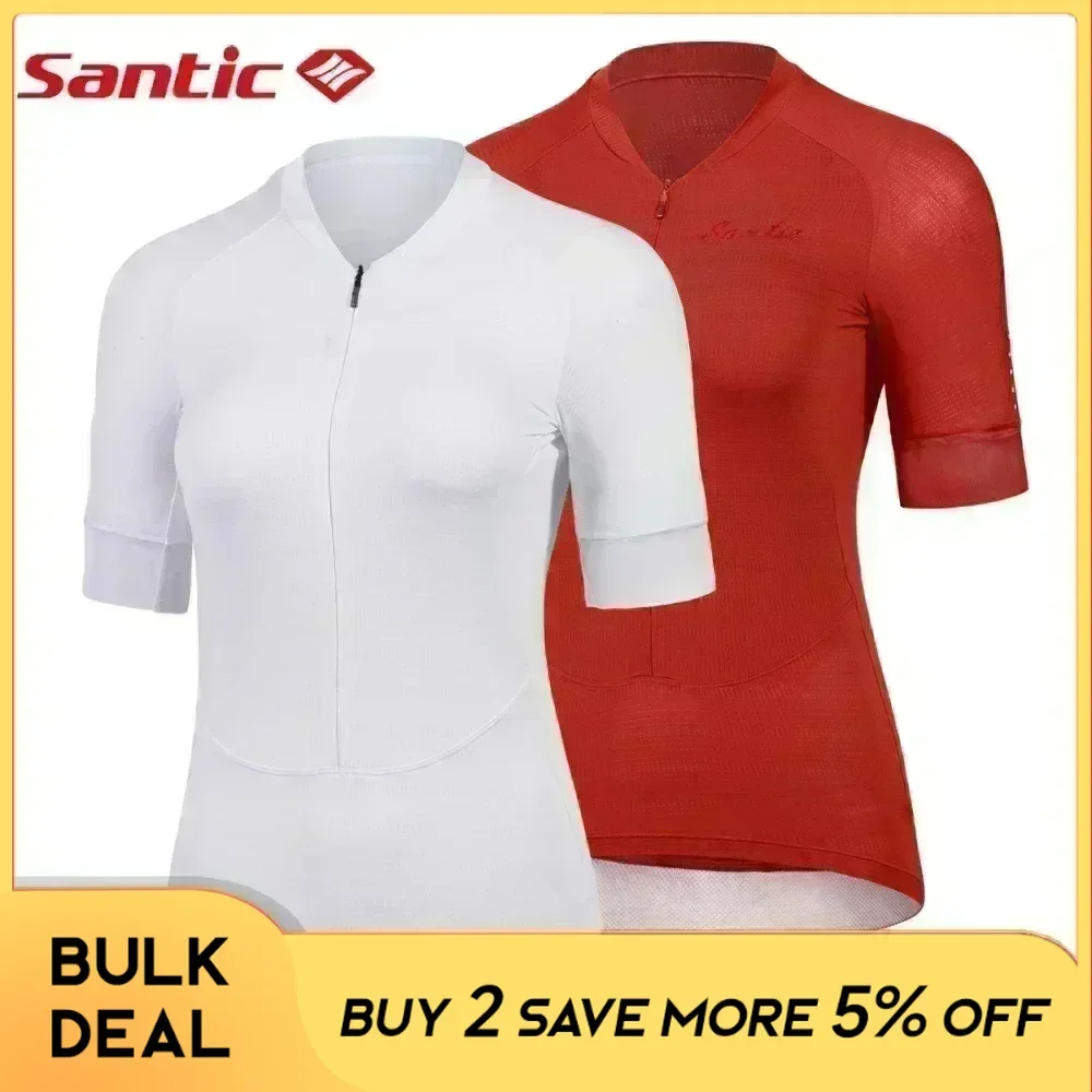 Santic Cycling Jersey Women Outdoor Summer Short Sleeve Bike Clothing Tops Quick Dry Reflective Breathable MTB Road Riding Shirt