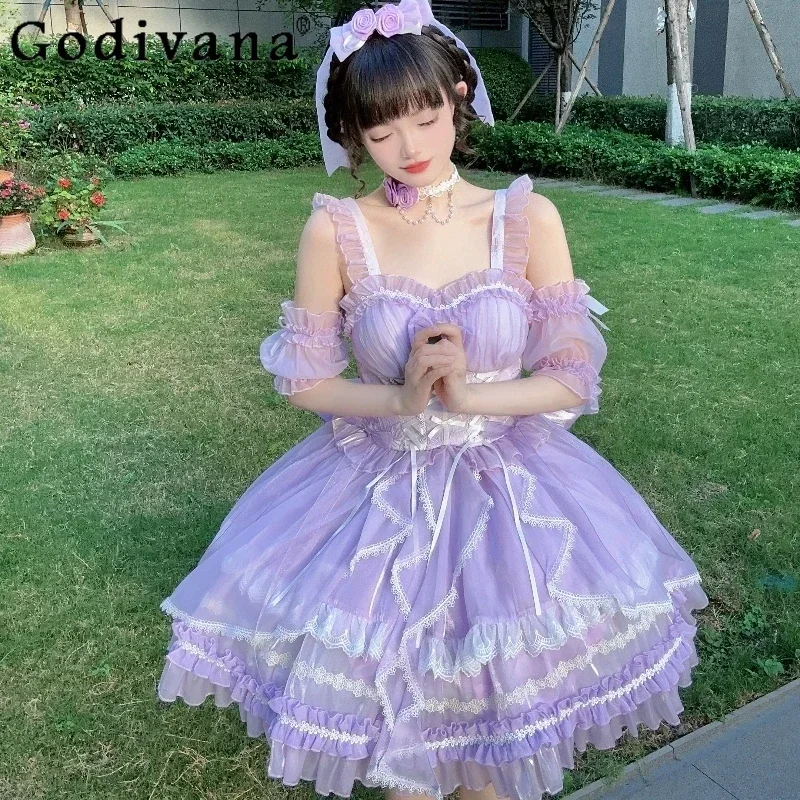 Menina japonesa doce bonito lolita vestido de princesa feminino cintura alta magro vestido de festa senhora verão elegante arco renda malha vestido rosa