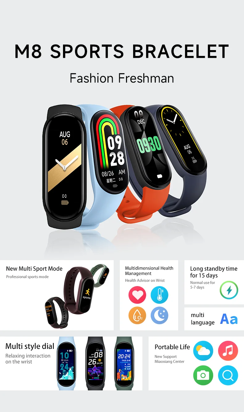 M8 Fitness Tracker Classic Smart Bracelet Pedometer Health Calories Multi Modes MSG Whatsapp X Notifications