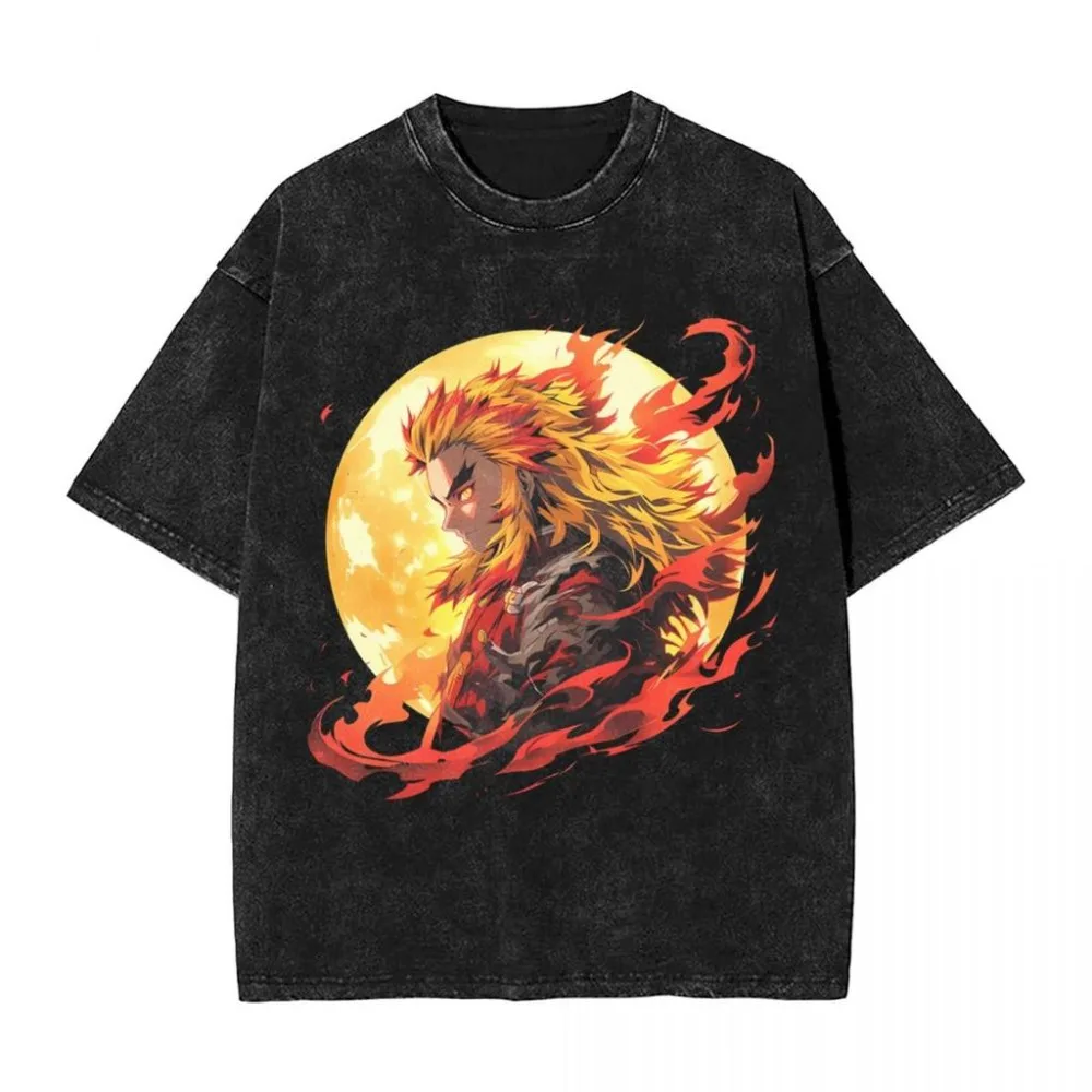 Heißer Anime Demon Slayer Rengoku Kyoujurou Grafik-T-Shirt für Herren aus Baumwolle, Streetwear, gewaschenes Oversized-T-Shirt, Harajuku Manga T-Shirt