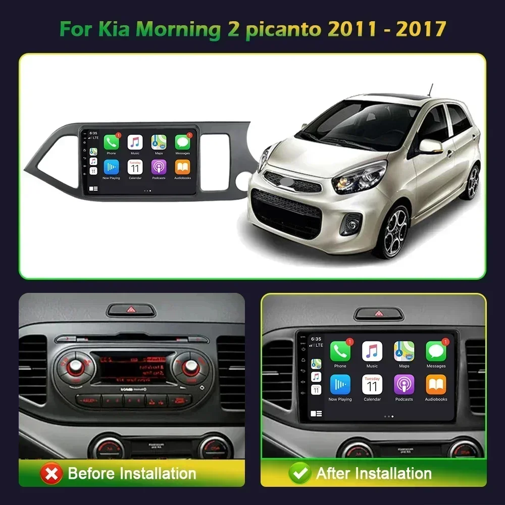 For Kia Morning 2 picanto 2011-2017 Right Handle Drive Android 14 Car Radio Multimedia 4G GPS CarPlay Head Unit Stereo screen