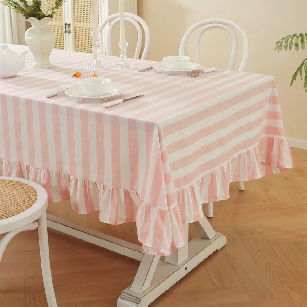 French Pastoral Style Yarn-Dyed Striped Table Cloth Cotton Coffee Ruffled Edges Decoration Tablecloth Rectangular Tablecloths