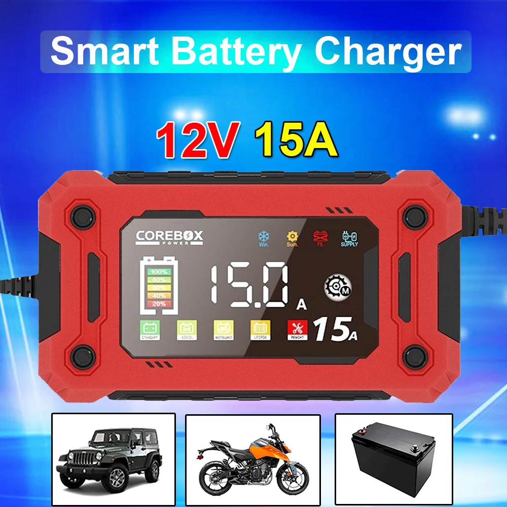 

12V Car Battery Charger 15A Pulse Repair Smart Charger for Car Motorcycle Lead Acid AGM GEL Lithium Iron Batteries