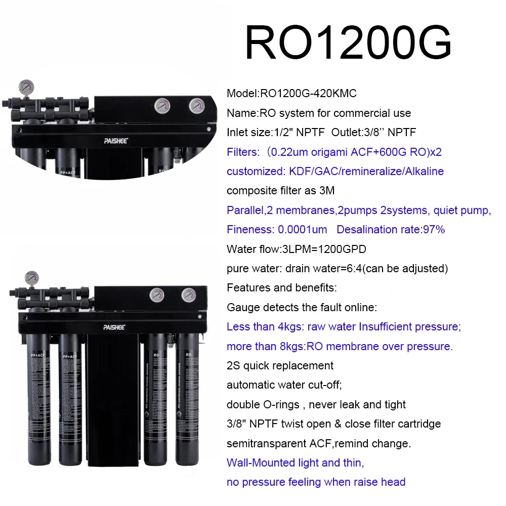 RO1200G REVERSE OSMOSIS  System Wall-Mounted  used ice machine coffee shop canteen Water Filter for Commercial use