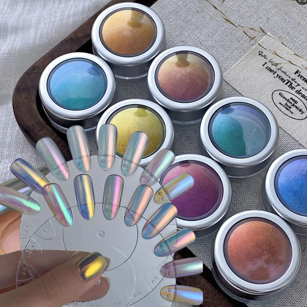 1Jar (0,2g) Galvanik Aurora Magic Mirror Nagelpulver 9 Farben Chamäleon Chrom Pigmentstaub Schillerndes Mondlicht Nagelpulver