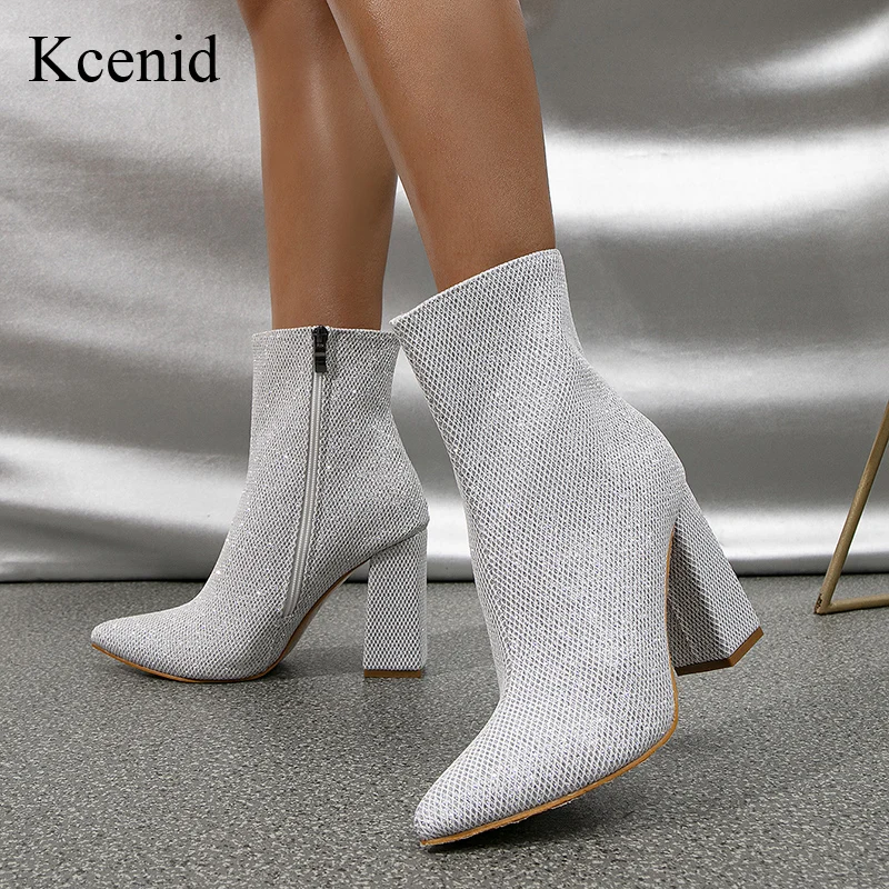 

Kcenid Autumn Winter Silver Glitter Sequined Women Ankle Boots Sexy Pointed Toe Zip High Heels Party Prom Shoes Booties Fashion