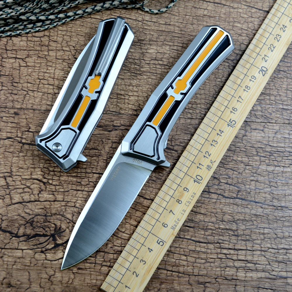 Y-START Folding Knife VG10 Blade Ceramic Ball Bearing Color TC4 Titanium Handle Without Screws for Outdoor Camping Gift LK2006