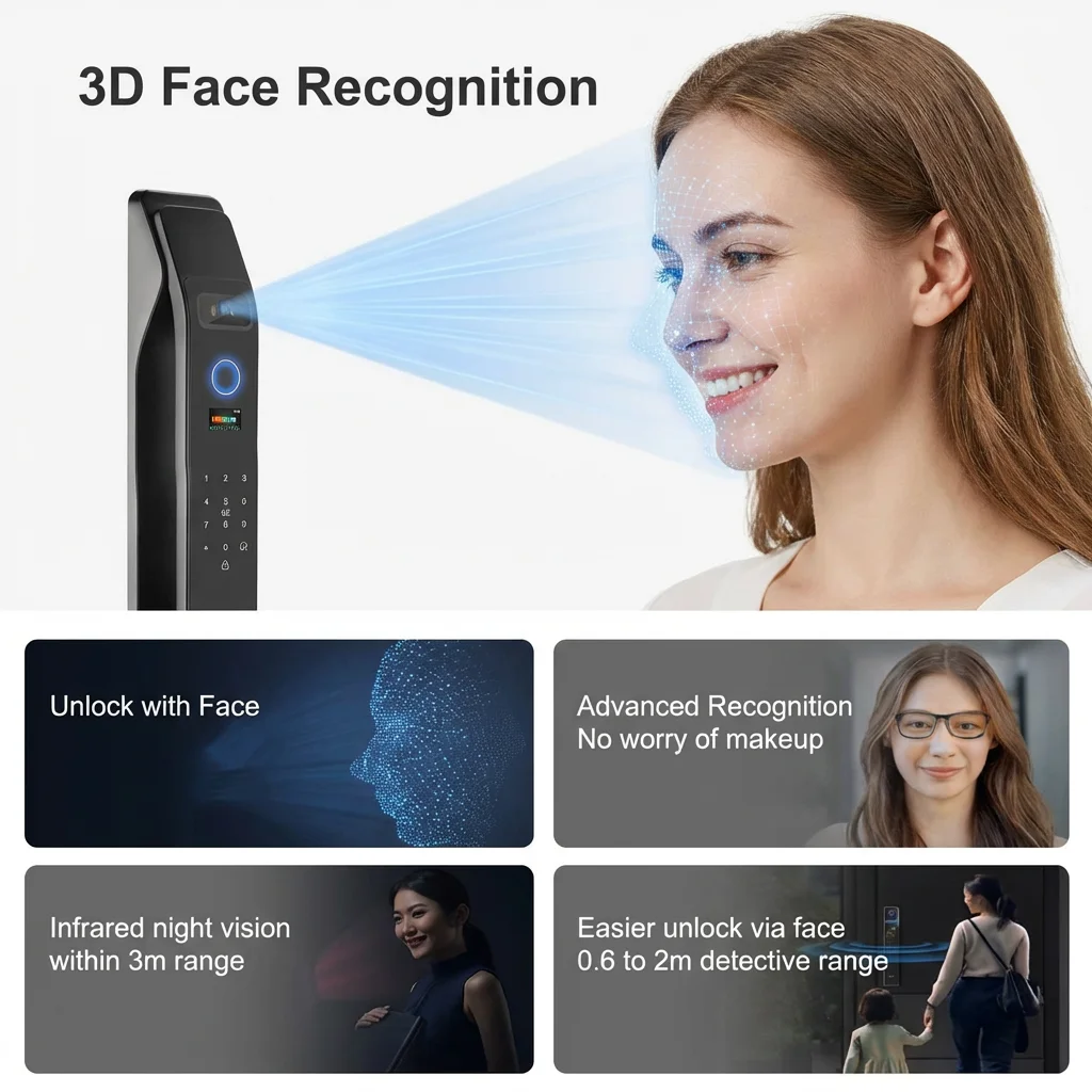 3D Face Recognition Smart Door Lock with Cloud & Memory Card Storage for Wood/Steel Doors Fully Automatic Biometric Lock Wi-Fi