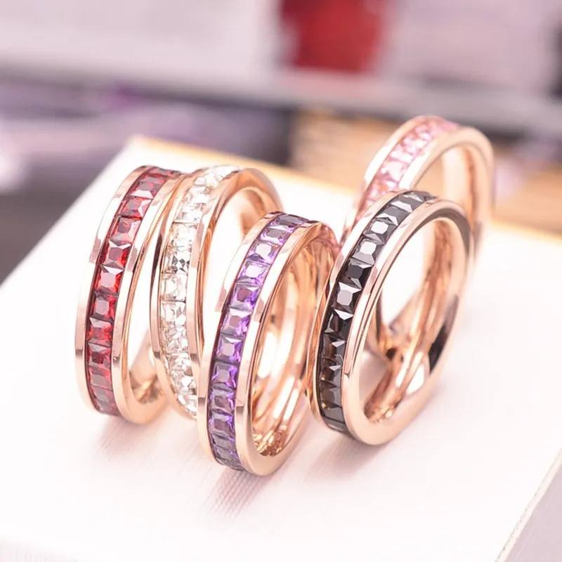 Stainless Steel Stackable Colorful CZ Eternity Ring Wedding Band for Women Girl Size 3-10