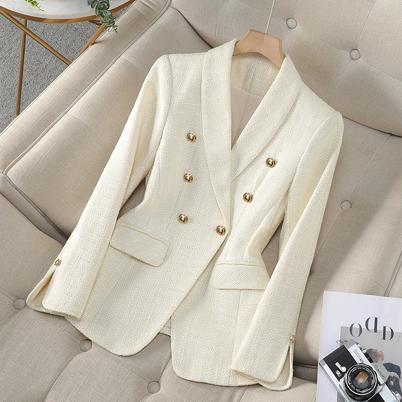 ZJYT Elegant Women\'s Tweed Jackets Autumn Winter Coats 2024 Korean Fashion Long Sleeve Double Breasted Blazers Mujer Outerwears