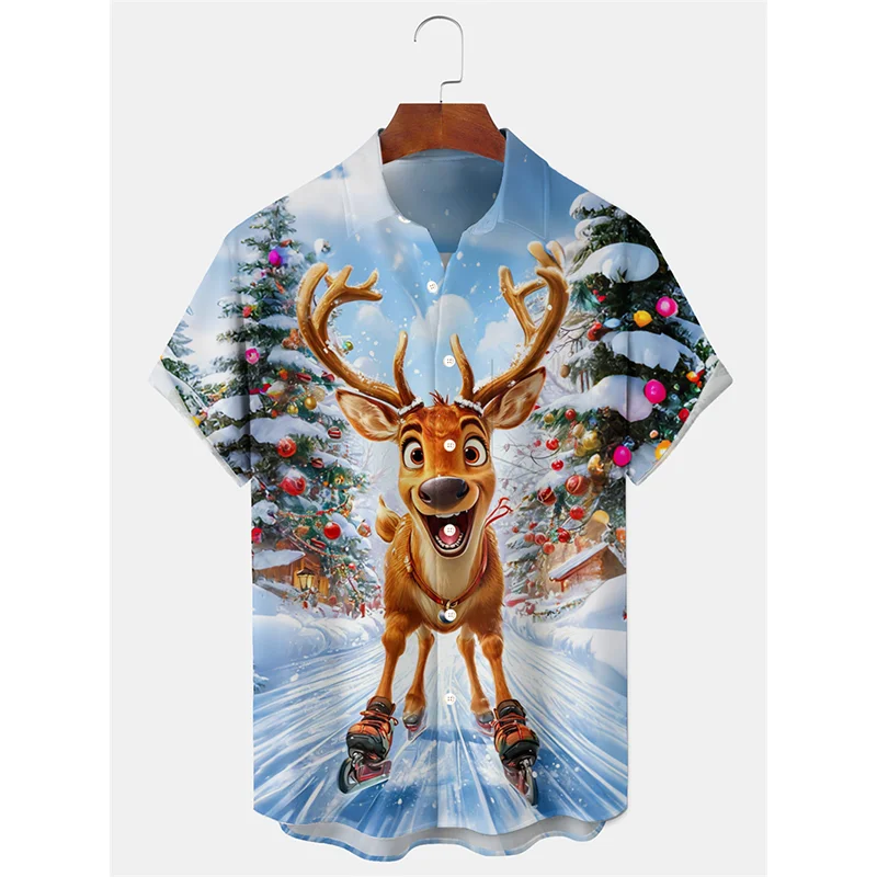 Merry Christmas Festival Fashion Shirt Men Clothing Reindeer Santa Claus Print Lapel Hawaii Shirts Funny Cartoon Dinosaur Shirts