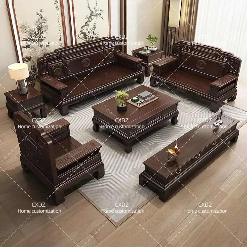 New Chinese Classical Solid Wood Sofa Set Antique Carved Living Room Furniture Villa Winter Summer Dual Use Couch Combination