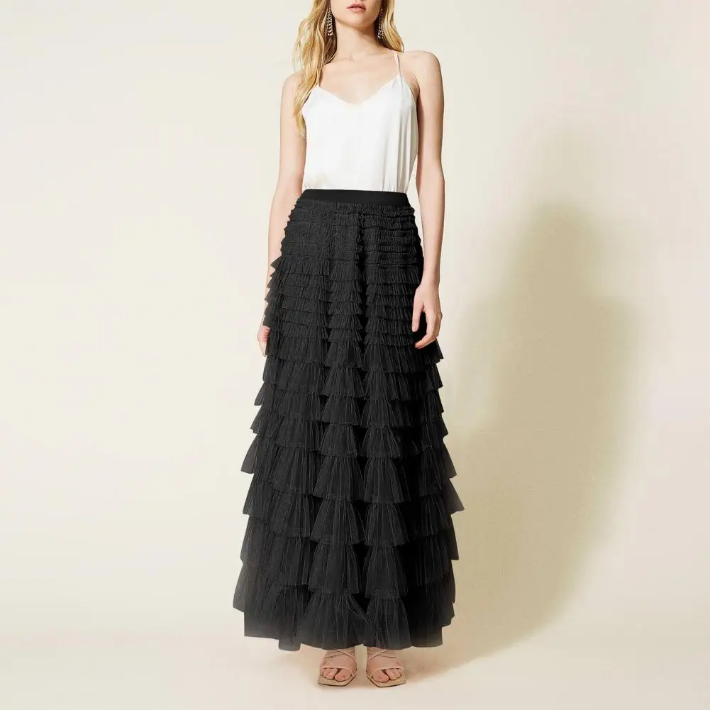 Multi-layer Skirt Women Mid-length Skirt Elegant Multi-layer A-line Skirt with Elastic High Waist Solid Color Long for Women