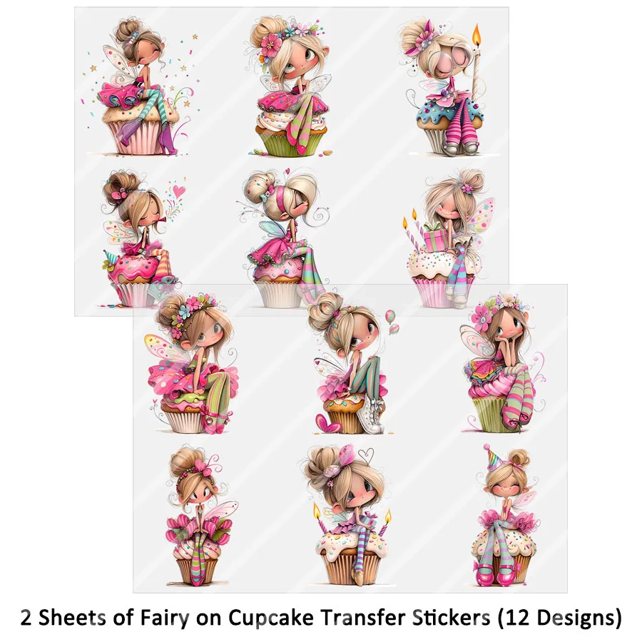 2pcs Cute Fairy on Cupcake DIY UV DTF Rub On Tumbler Glass Cup Can Wrap Transfer Sticker Craft Coffee Mug Cards Gift Party Decor