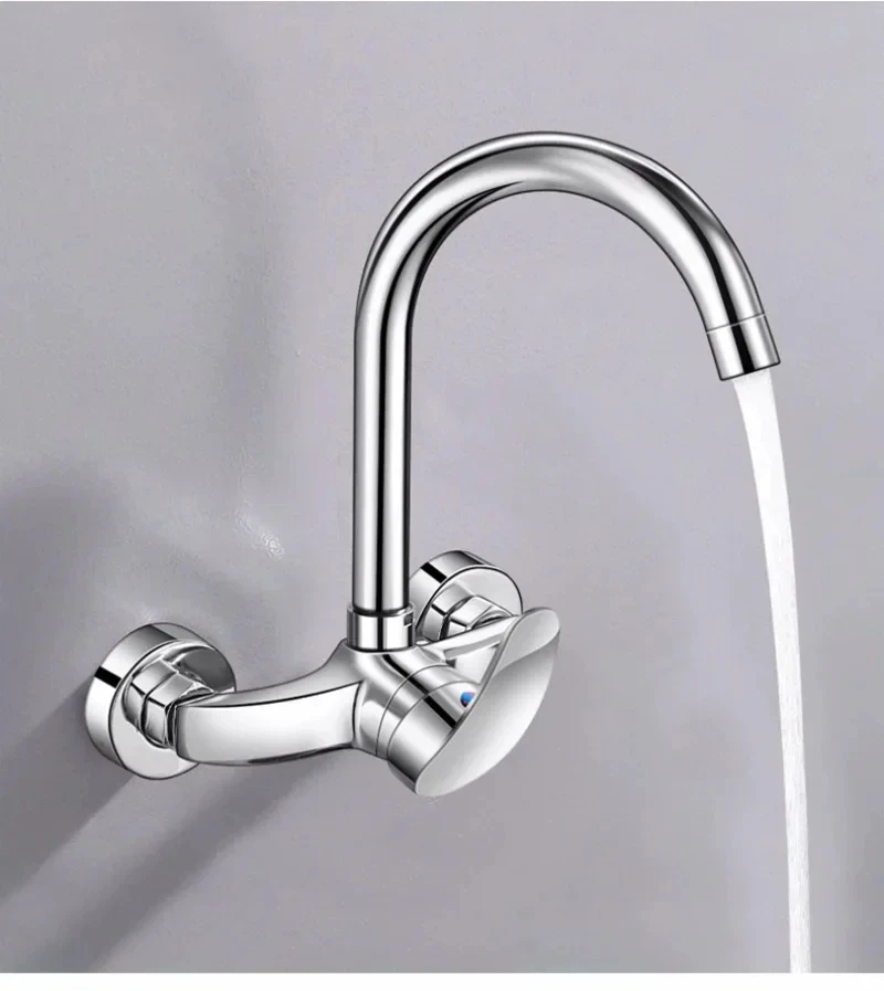 Kitchen Hot and Cold Water Mixing Faucet, Wall-Mounted Shower Head, Single Handle, Double Holes, universal Hose
