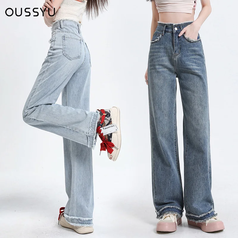 

Loose Straight Leg Jeans Women High Waist Tassels Retro Trend Denim Pants Mom Jean Baggy Pants Casual Comfort Trousers