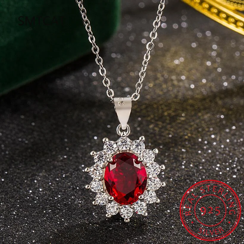 Princess Diana Created Red Ruby Natural Garnet 925 Sterling Silver Pendant Necklace For Women Oval Gemstone Fine Jewelry Choker view 4