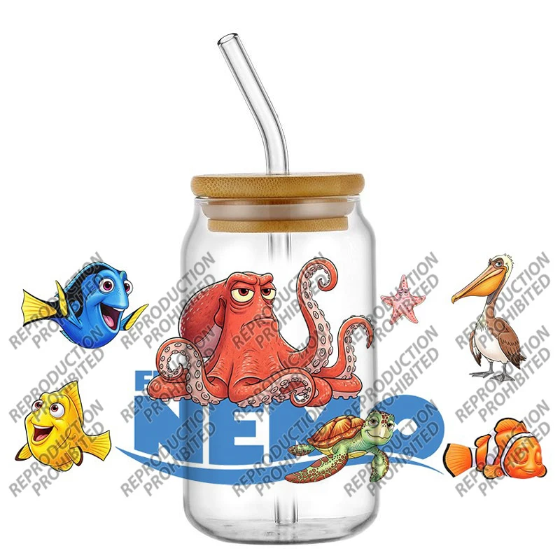 Tema caldo Cartoon Nemo Fish Impermeabile Decalcomanie fai da te Adesivi per trasferimenti 3D 16oz UV DTF per involucri per tazze di occhiali