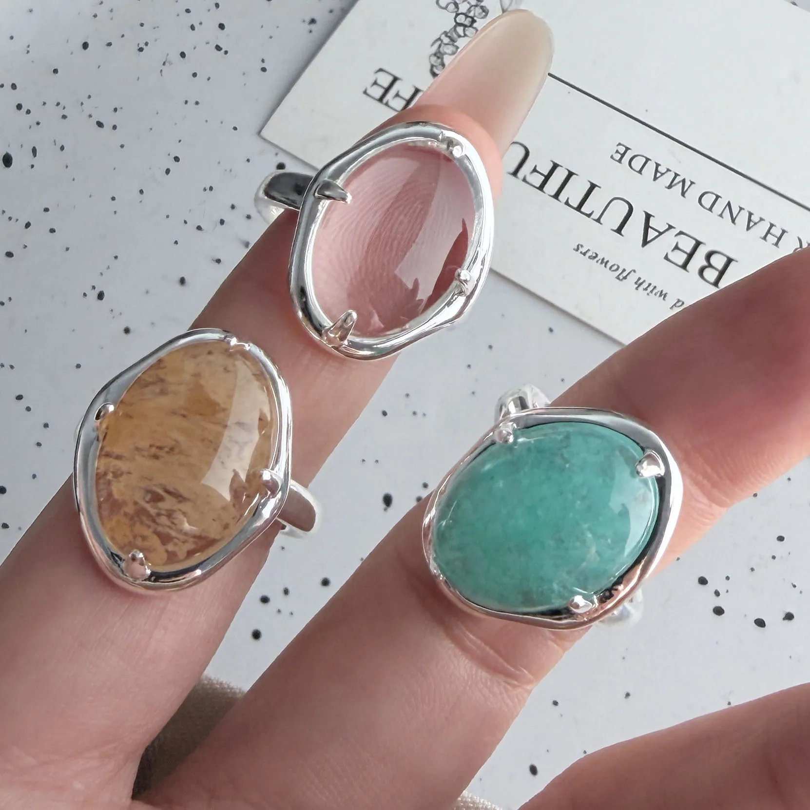 925 Sterling Silver Rings For Women Geometric Fine Jewelry Finger Adjustable Retro Colorful Stone Ring For Party Birthday Gift