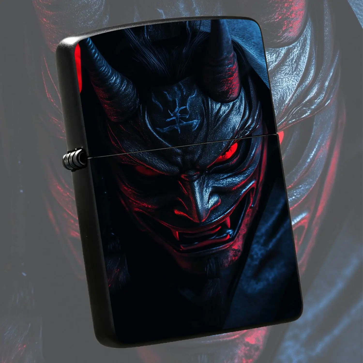 Stylish Japanese Hannya Oni Pattern Pocket Lighter, Dark Cyber Red-Blue Contrast Aesthetic, Portable Ignition Tool For Daily Outdoor Travel, Ideal Unique Gift For Art Enthusiasts For All Occasions A Humorous And Interesting Lighter