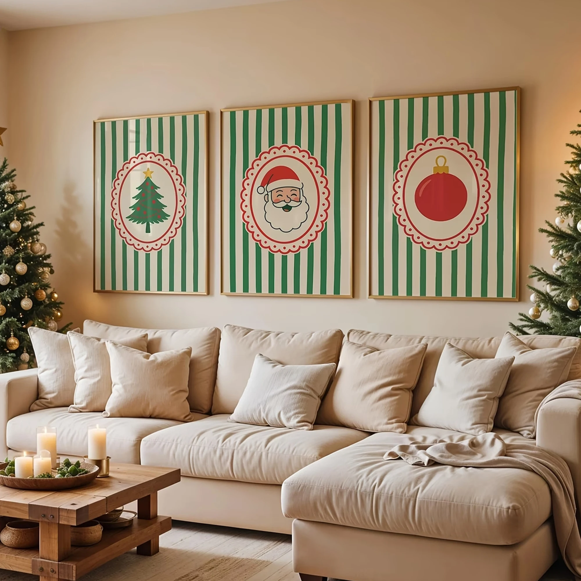 3pcs Modern Minimal Striped Christmas Pattern Wall Art Print Canvas Painting Poster Picture For Living Room,Bedroom Home Decor