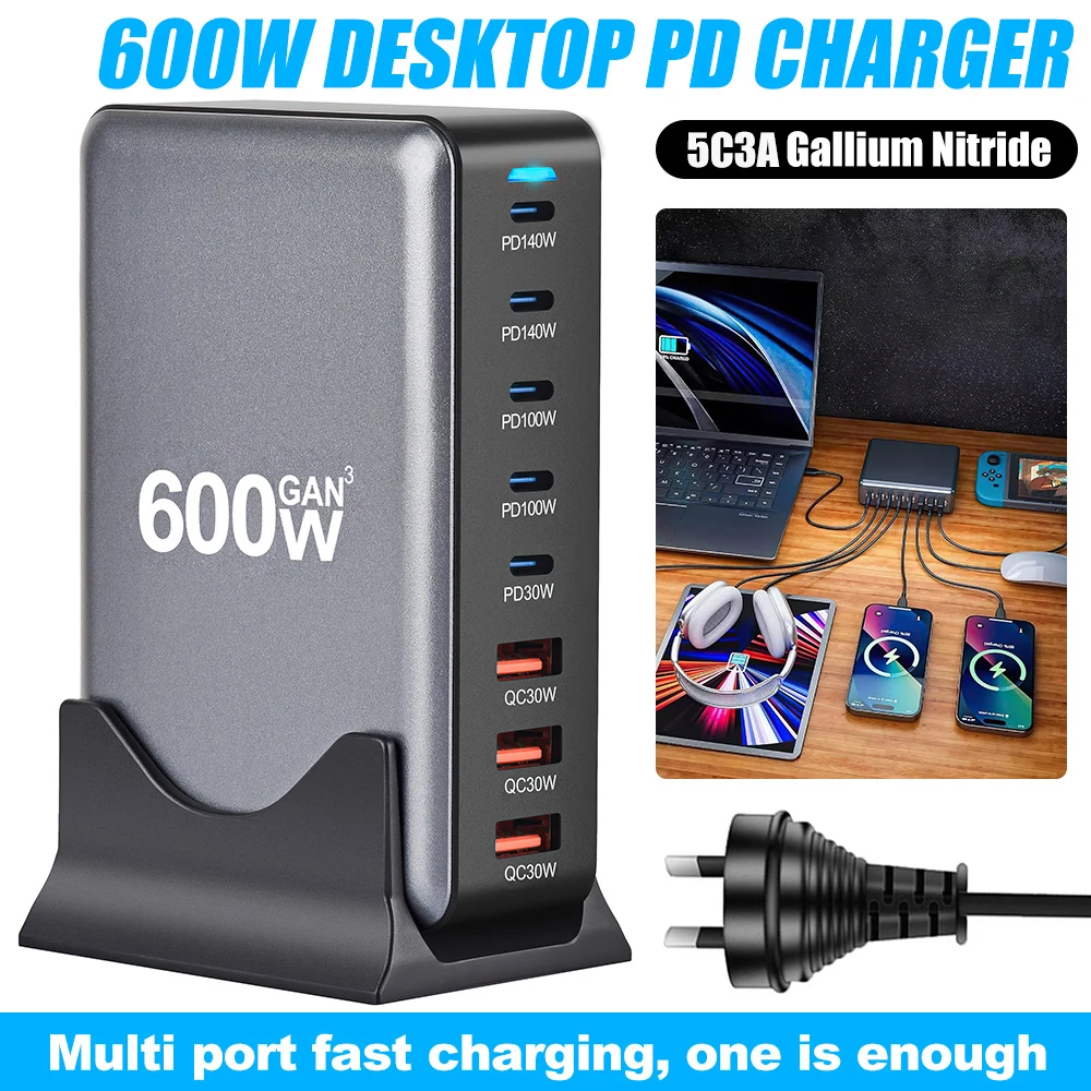 600W 8 Ports Fast Charger Multi USB Type C 5C3A PD Fast Charging Station Quick Charging Adapters for Phones and Tablets