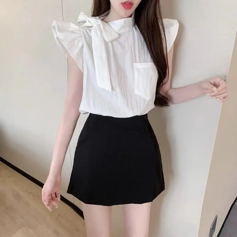 Summer Retro French Tie Bow Design Chiffon Shirts Solid Color Sweet Short Pleated Shirt Tops All-match Korean Women Clothing