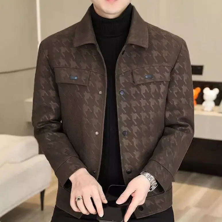 

Новая модная кожаная куртка с принтом, тренд осени, мужская куртка для делового и повседневного стиля, мужская одежда.