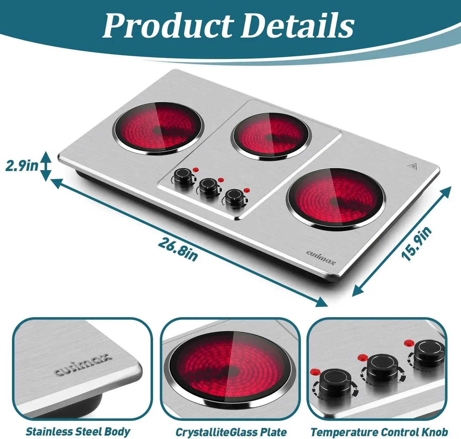 Plate Electric,Countertop Infrared Triple Burner with 7″Ceramic Glass Cooktop,Electric Hot Plate for Cooking,11 Level Temperatur