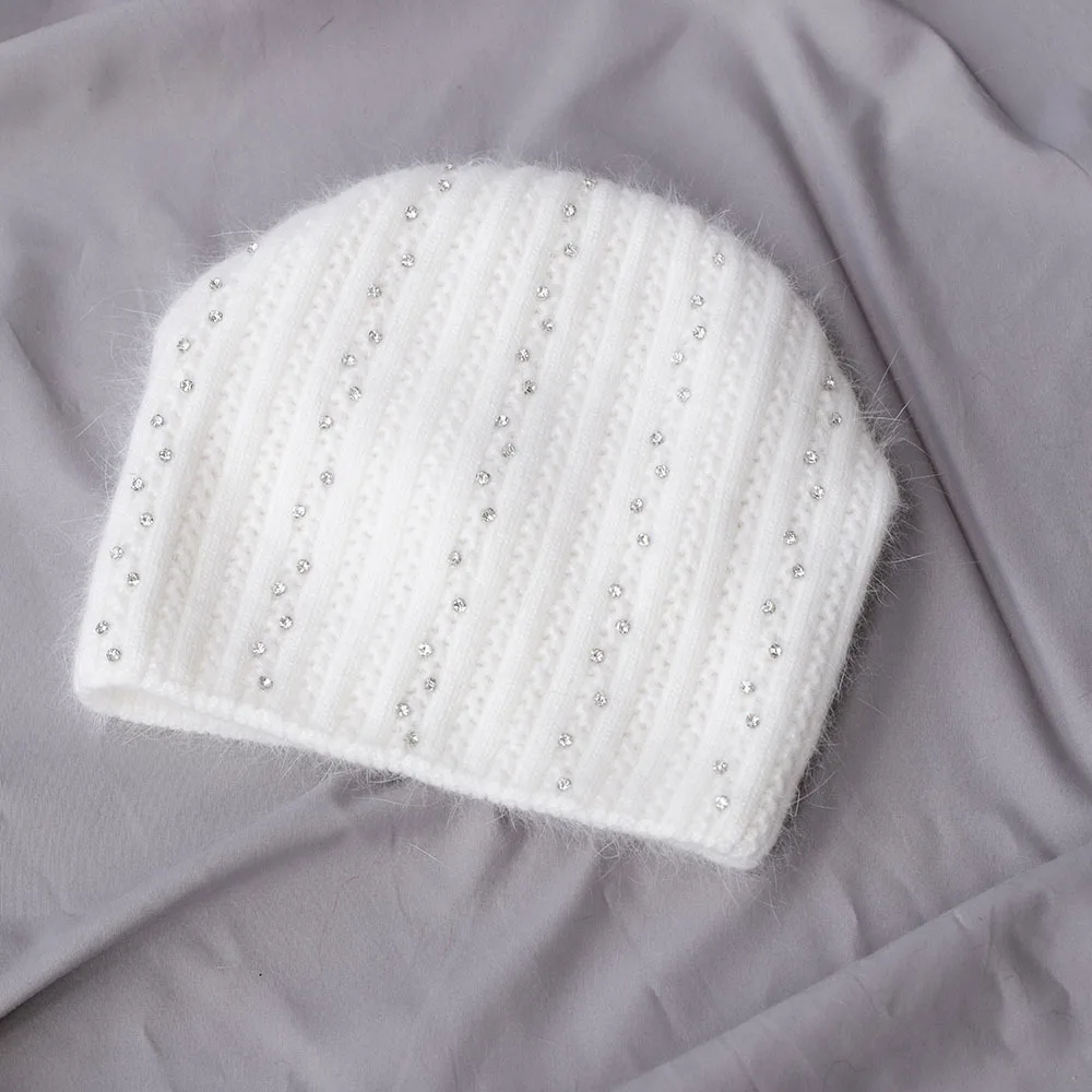 

Hat Women Winter Beanie Angora Knit Rhinestone Double Layers Warm Accessory For Autumn Cold Weather Ski Sports Outdoor Holiday