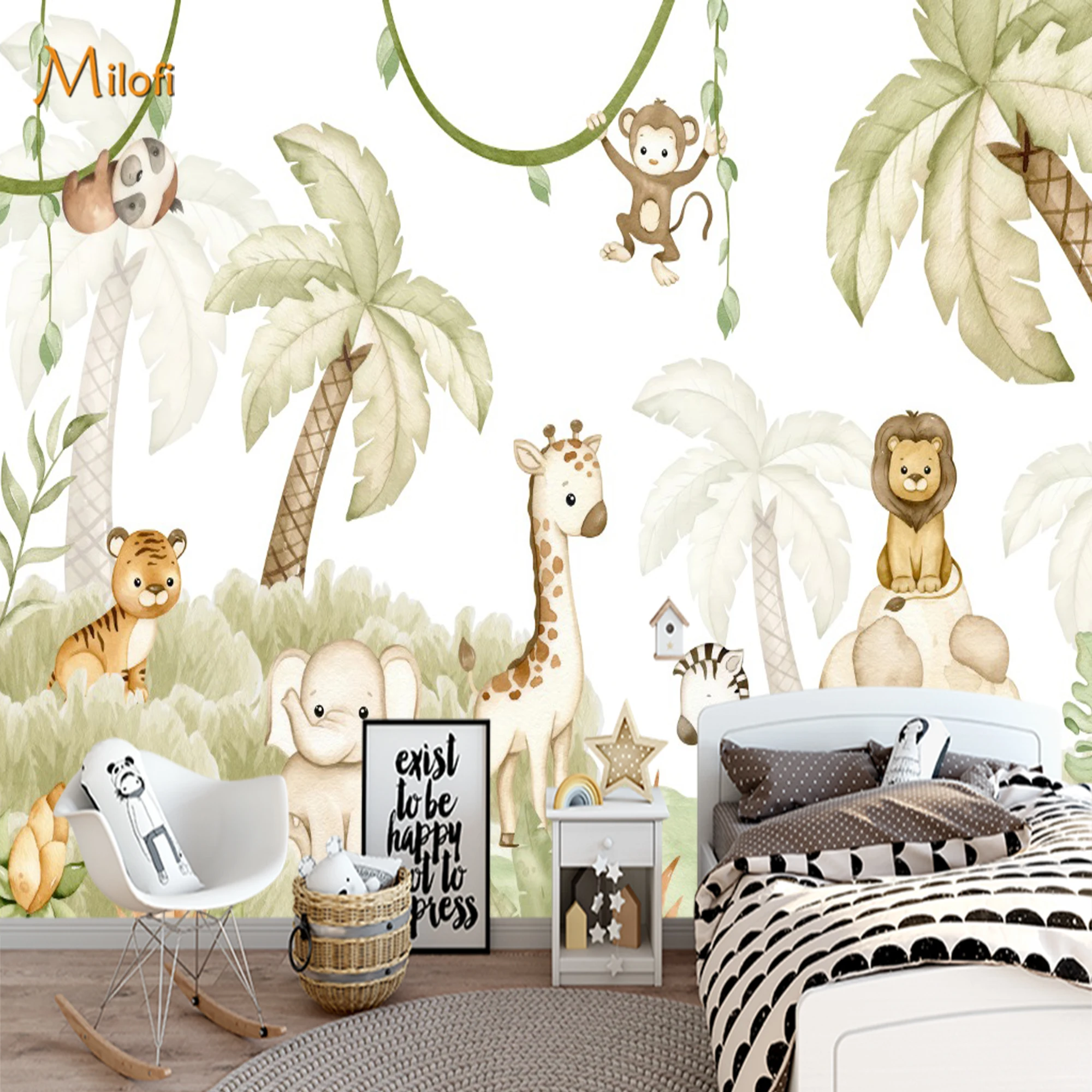 Baby Nursery Jungle Wallpaper - Custom Watercolor Safari Animal Mural Wallpaper
